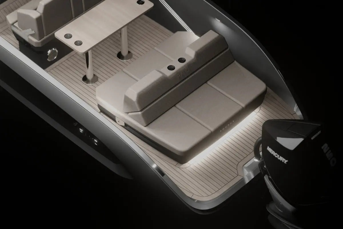 Close-up of Rand Source 22 Electric Boat seat with a black background