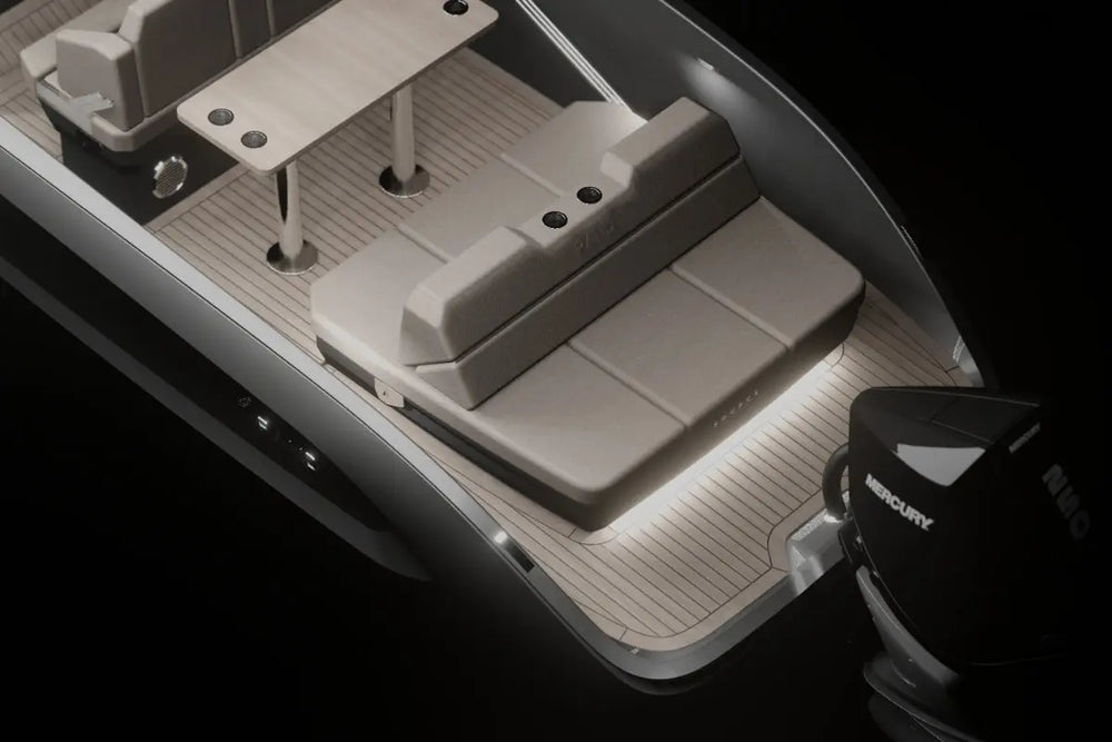 Close-up of Rand Source 22 Electric Boat seat with a black background