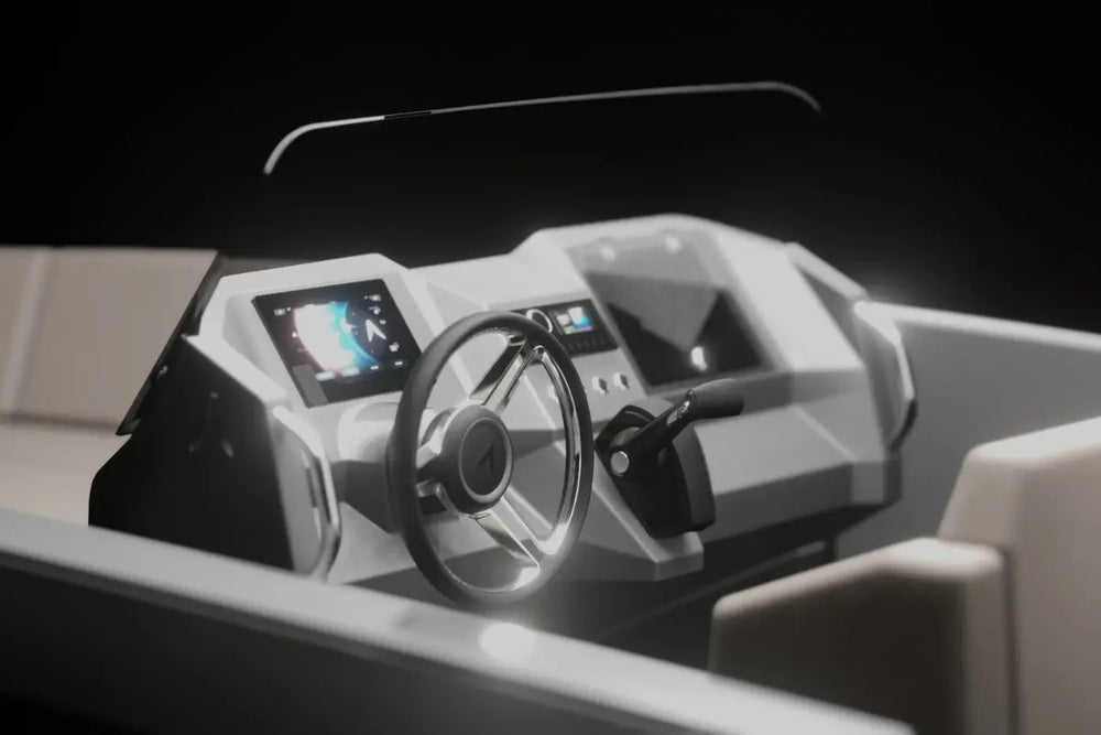 Modern Rand Source 22 Electric Boat interior with steering wheel and digital displays on a dark background