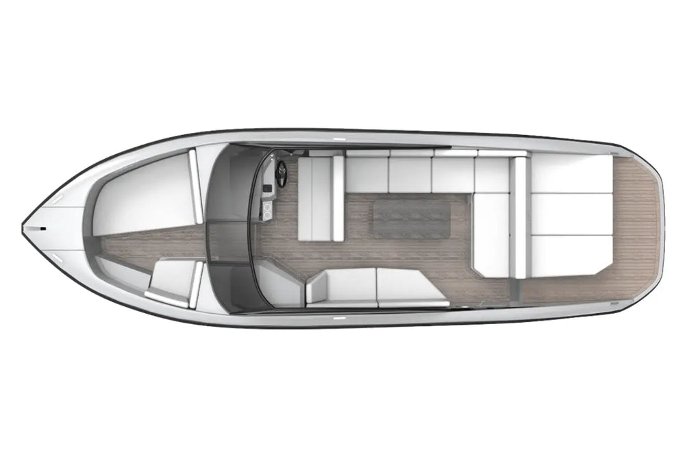 Top-down view of Rand Supreme 27 Electric Boat interior layout on a white background
