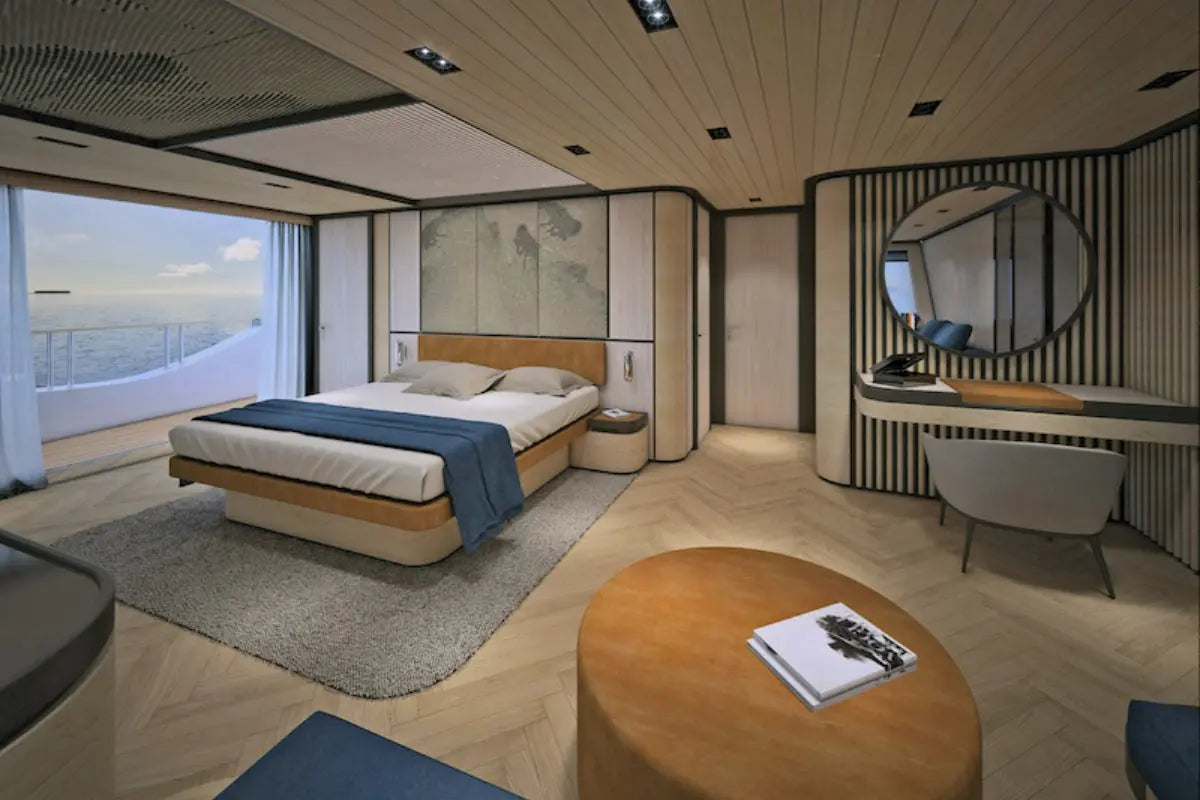 Silent 120 Explorer Electric Boat bedroom with bed, desk, and large window