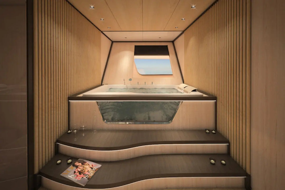Modern Silent 120 Explorer Electric Boat hot tub with wooden interior and steps leading up to it.