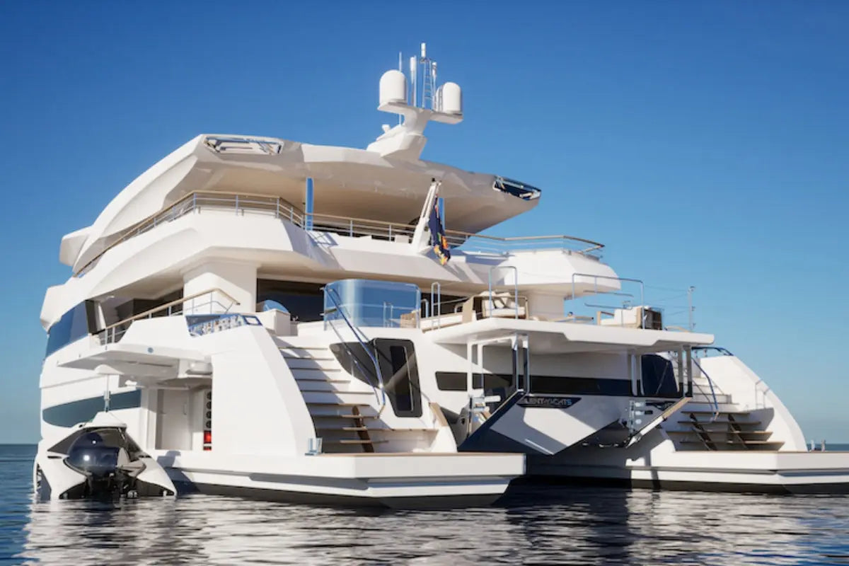 White luxury Silent 120 Explorer Electric Boat on calm water with clear blue sky