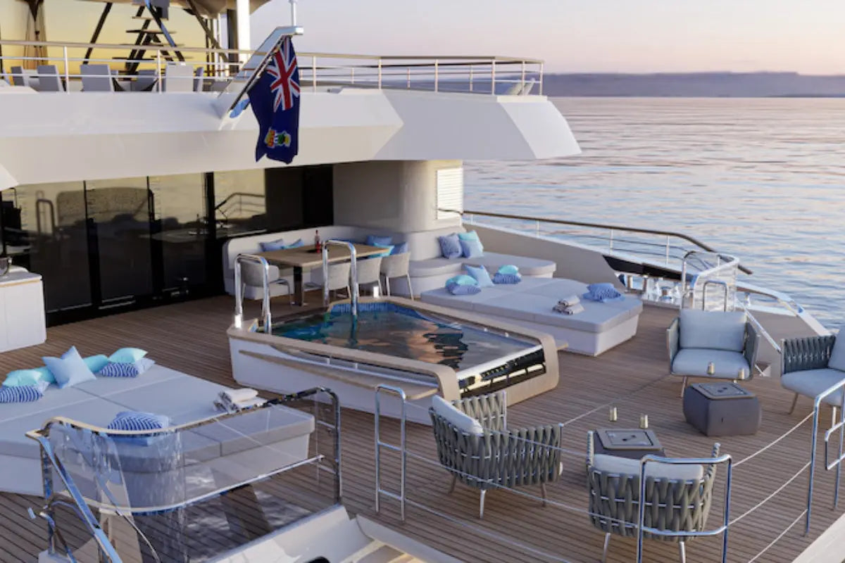 Silent 120 Explorer Electric Boat deck with outdoor furniture and a flag, featuring a modern design.