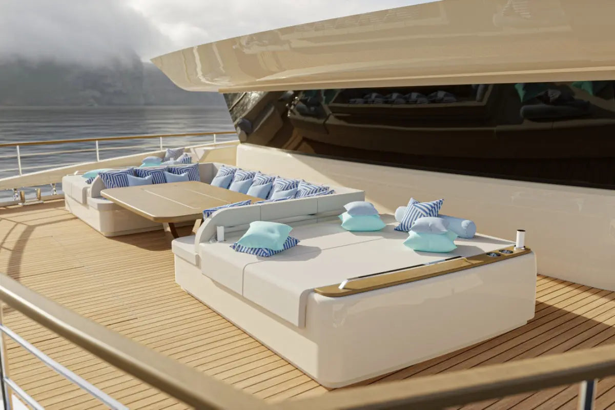 Silent 120 Explorer Electric Boat deck with outdoor furniture and cushions on a cloudy day