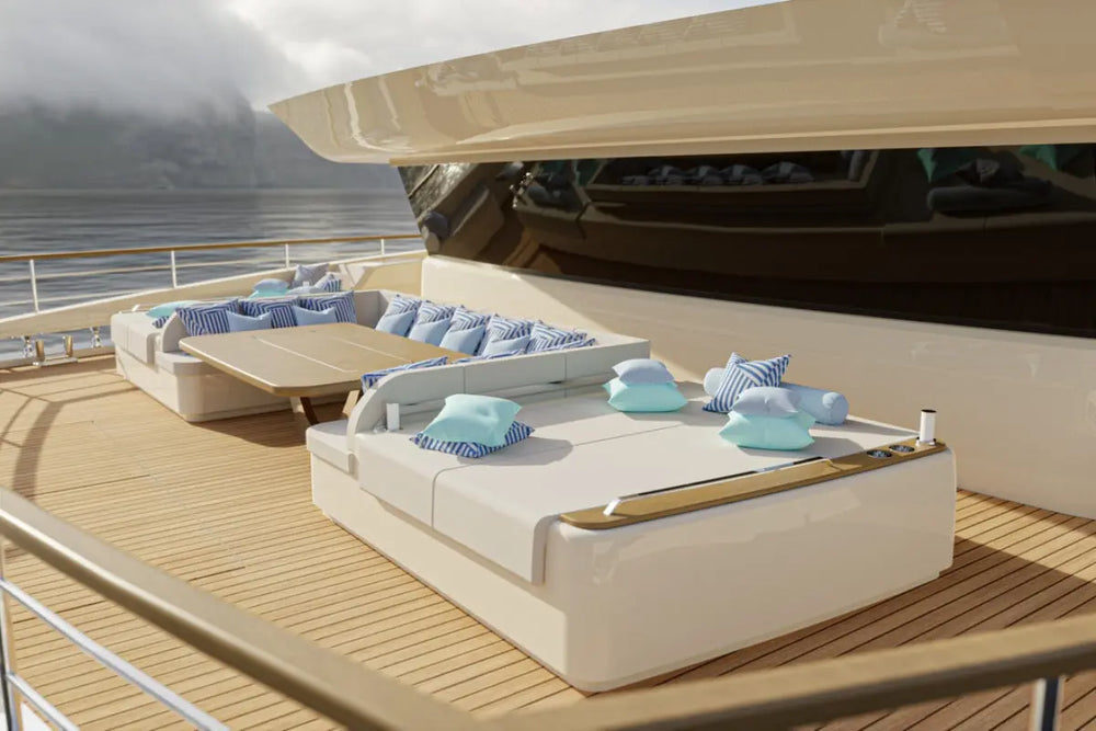 Silent 120 Explorer Electric Boat deck with outdoor furniture and cushions on a cloudy day