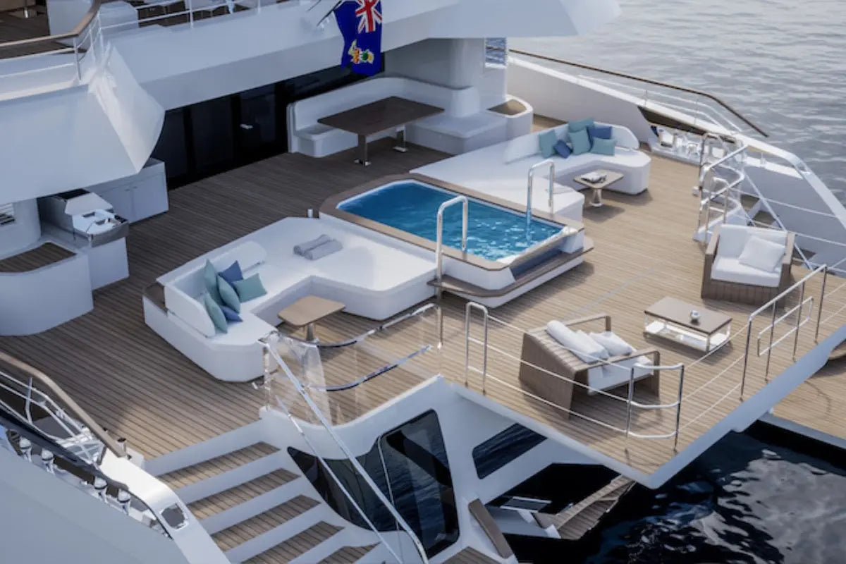 Silent 120 Explorer Electric Boat deck with pool, seating areas, and a flag