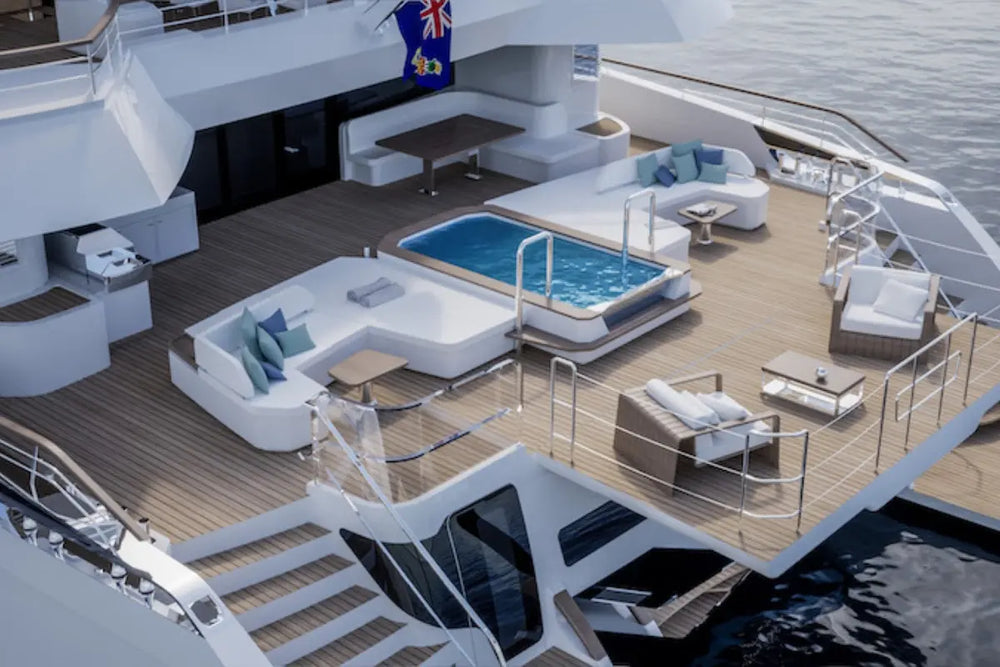 Silent 120 Explorer Electric Boat deck with pool, seating areas, and a flag