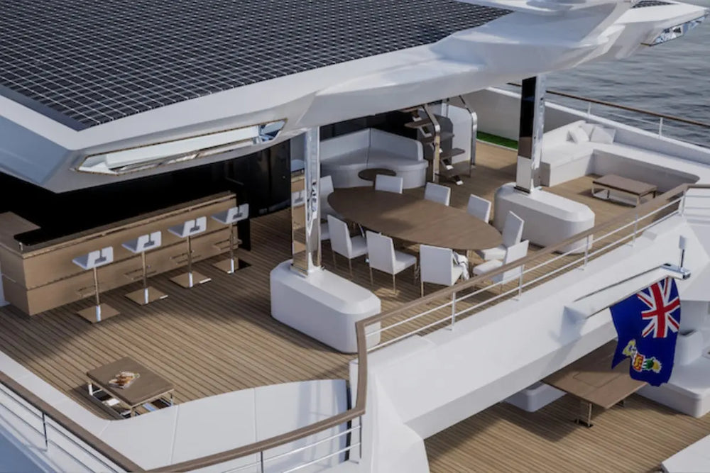 Silent 120 Explorer Electric Boat with dining area, seating, and British flag