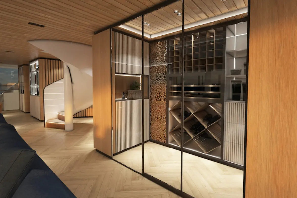 Modern Silent 120 Explorer Electric Boat interior design with glass partition and wooden elements