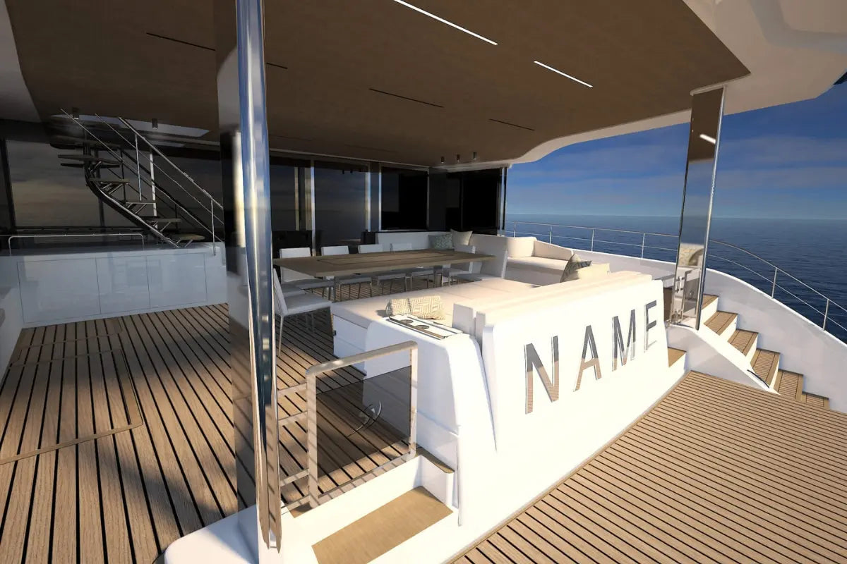 Silent 80 Series Electric Boat deck with seating area and 'NAME' branding, overlooking the ocean.