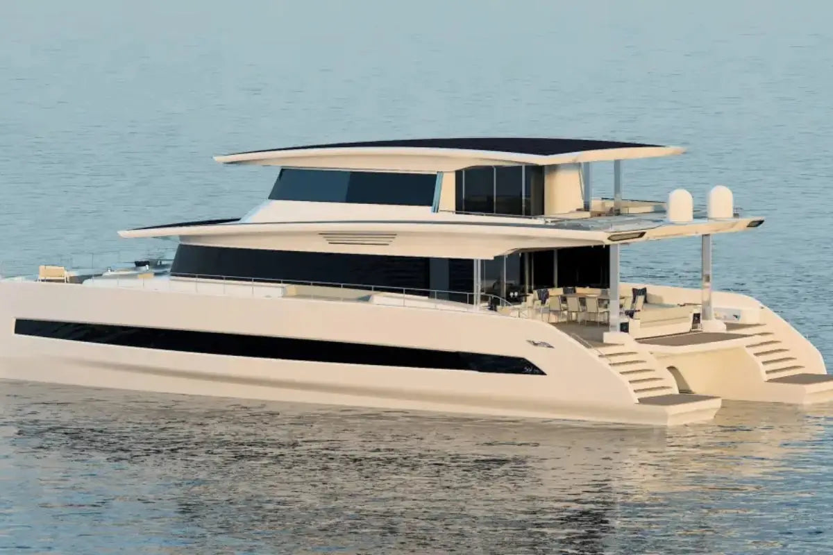 Modern Silent 80 Series Electric Boat on a calm body of water with a clear sky.