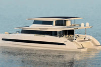 Modern Silent 80 Series Electric Boat on a calm body of water with a clear sky.