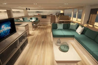 Modern living room with green couch, coffee table, and television on Silent 80 Series Electric Boat.