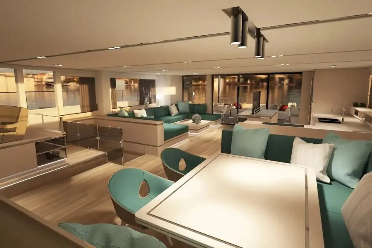 Modern Silent 80 Series Electric Boat interior with seating area and large windows