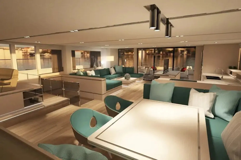 Modern Silent 80 Series Electric Boat interior with seating area and large windows