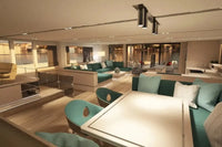 Modern Silent 80 Series Electric Boat interior with seating area and large windows