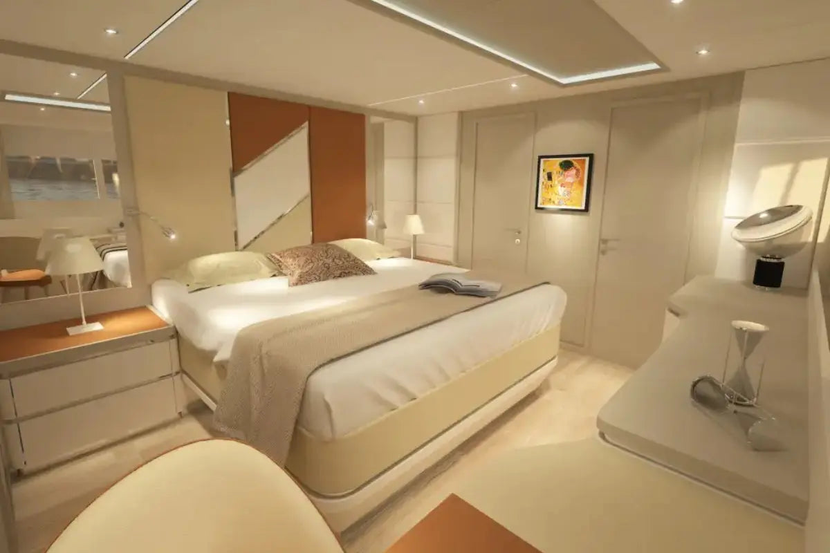 Modern Silent 80 Series Electric Boat bedroom with a bed, nightstands, and a mirror.