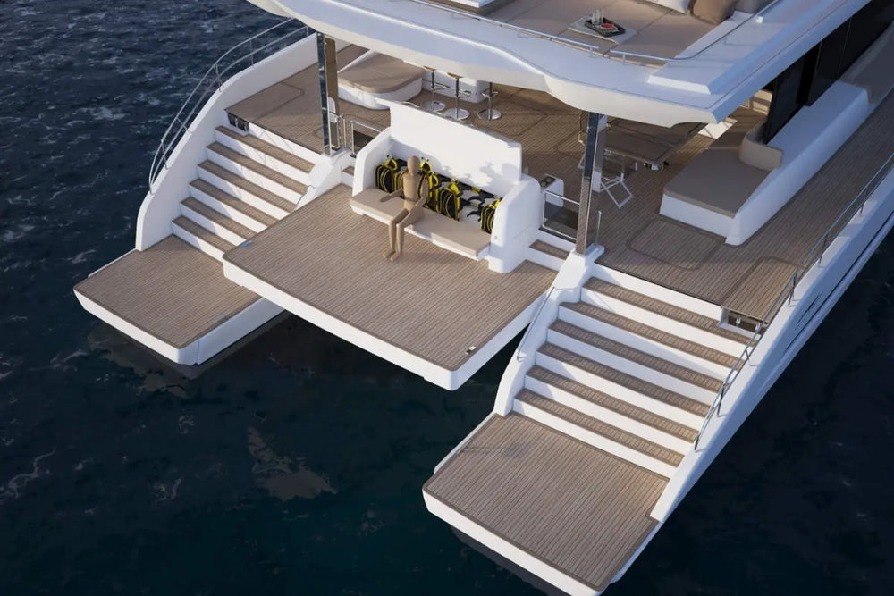 Silent 80 Series Electric Boat deck with wooden flooring and white steps on a dark ocean background