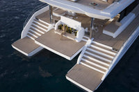 Silent 80 Series Electric Boat deck with wooden flooring and white steps on a dark ocean background