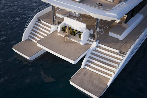 Silent 80 Series Electric Boat deck with wooden flooring and white steps on a dark ocean background