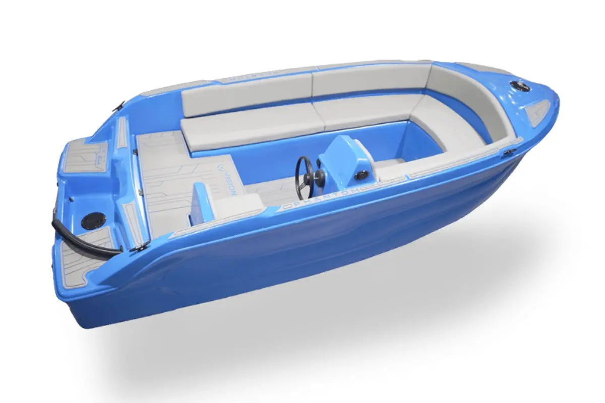 Blue and gray inflatable Vision Phantom Electric Boat on a white background