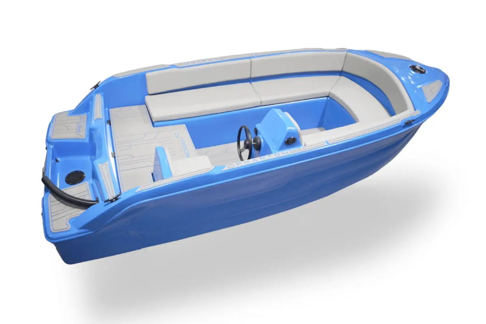Blue and gray inflatable Vision Phantom Electric Boat on a white background