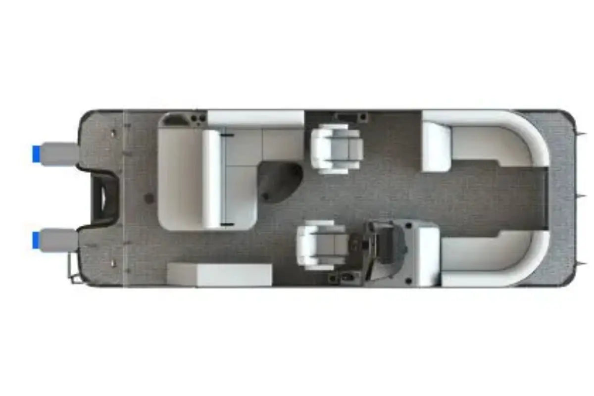 Top-down view of Vision WX Tritoon Electric Boat interior with gray seats and white ceiling on a white background